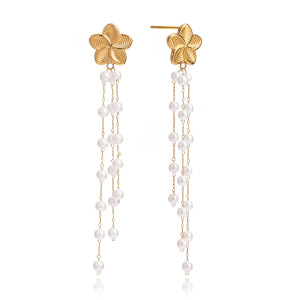 Boucles D'Oreilles Élégantes Pour Femme, Ornées De Perles Et De Pompons Floraux, En Acier Inoxydable Imperméable Couleur Or (1 Paire). h5 