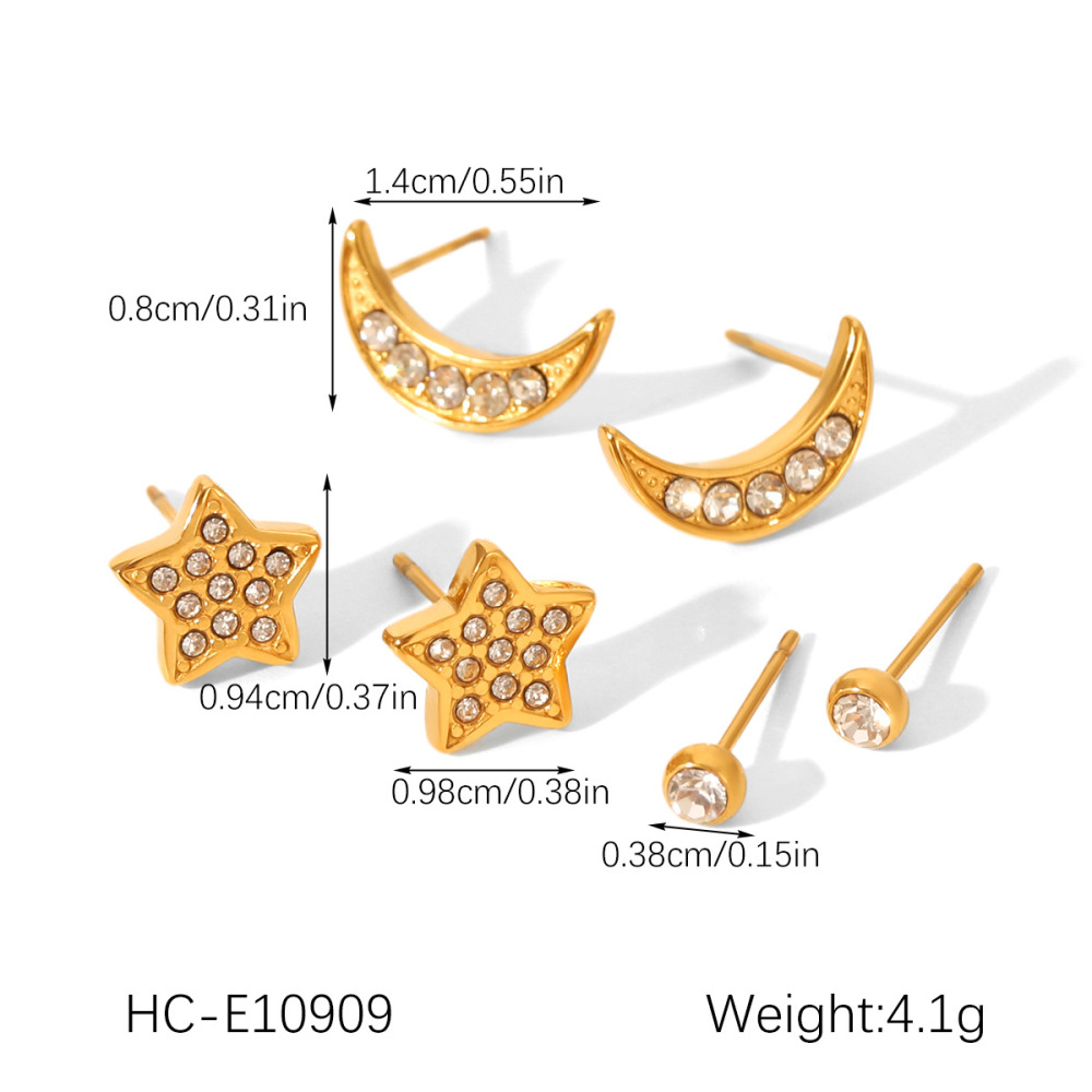 Ensemble De Boucles D'Oreilles Luxueuses Pour Femme, En Acier Inoxydable Doré, Ornées De Zircon, Représentant Une Étoile Et La Lune. Image2