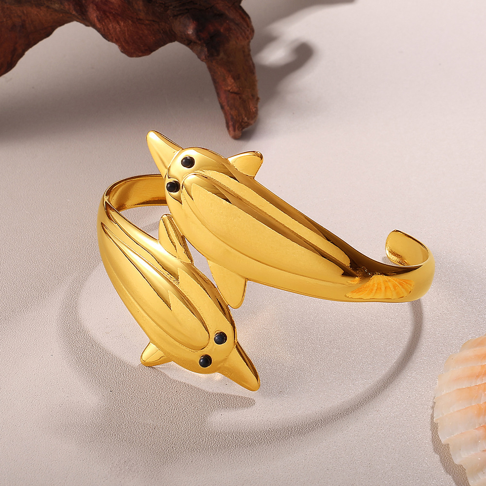 Bracelet Manchette Étanche En Acier Inoxydable Doré, En Forme De Poisson (1 Pièce) Image4