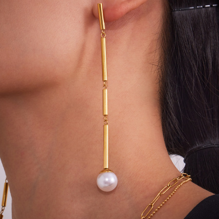Boucles d'oreilles pendantes pour femme, style classique, en acier inoxydable, étanches, couleur or (1 pièce). 2