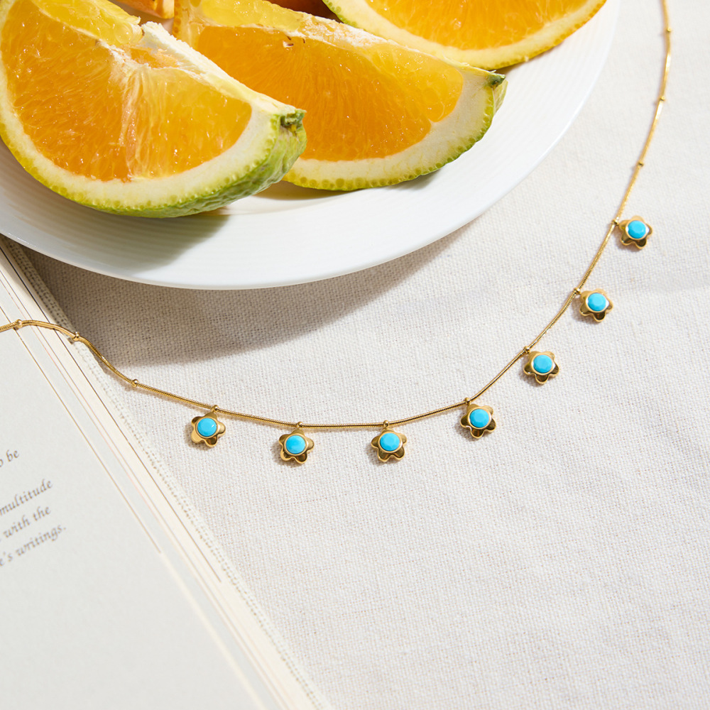 Collier Pendentif Femme En Acier Inoxydable Doré, Orné D'Une Fleur Romantique En Calaïte (1 Pièce) Image8