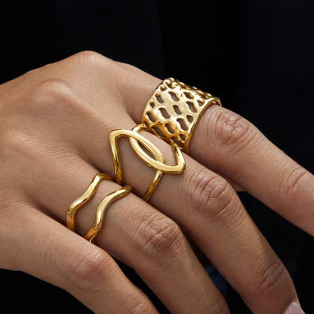 Bague tendance en acier inoxydable doré, forme simple et irrégulière (1 pièce), étanche. 2