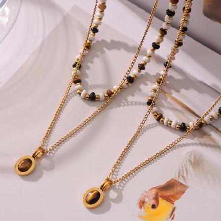 Collier classique ovale en pierre naturelle, acier inoxydable étanche, couleur or, pour femme (1 pièce)