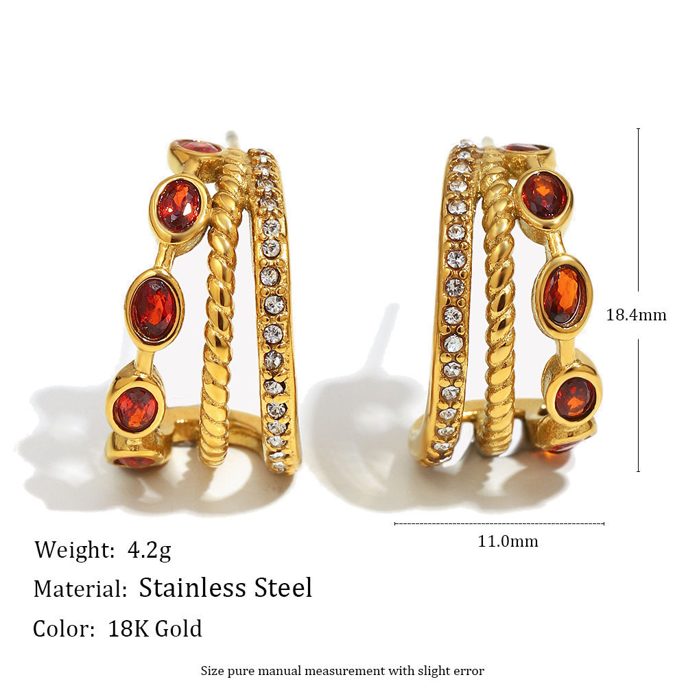 1 Paire De Boucles D'Oreilles Créoles Classiques Pour Femme, En Acier Inoxydable Étanche, Couleur Or, Avec Zircon Rouge Image2