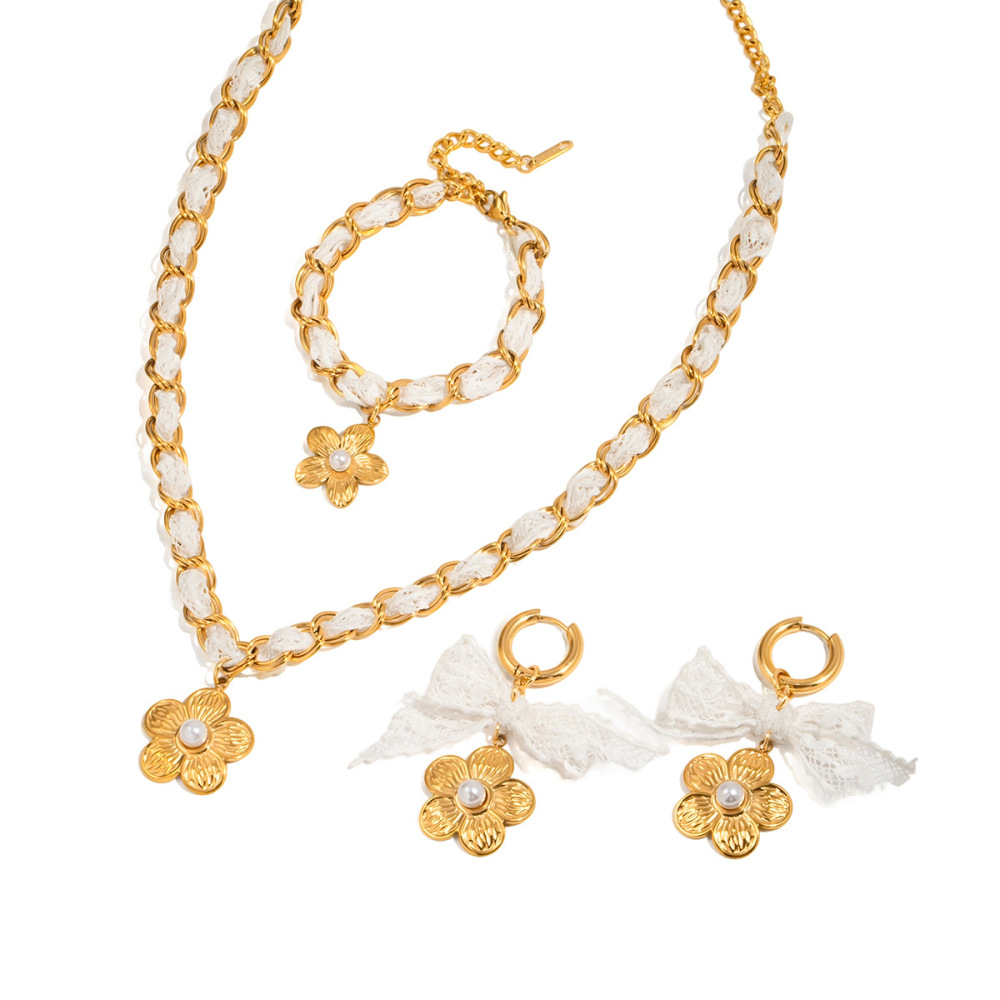 Ensembles De Bijoux Pour Femmes En Acier Inoxydable Imperméable, Couleur Or, Ornés De Dentelle Florale Romantique Image10
