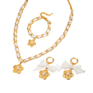 Ensembles De Bijoux Pour Femmes En Acier Inoxydable Imperméable, Couleur Or, Ornés De Dentelle Florale Romantique h5 Image10