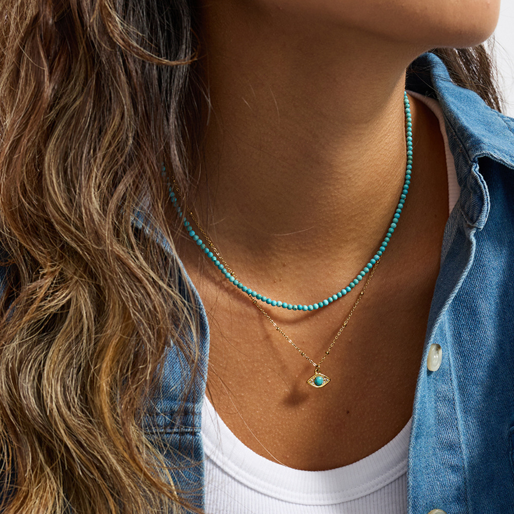 Collier À Plusieurs Rangs Pour Femme, En Acier Inoxydable, Couleur Or, Orné D'Un Délicat Œil De Diable En Calaïte. (1 Pièce) Image5