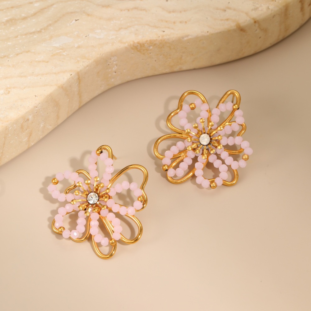 1 Paire De Boucles D'Oreilles Puces Pour Femme, En Acier Inoxydable Étanche, Couleur Or, Motif Fleur Douce Image4
