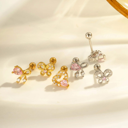 Boucle d'oreille piercing en forme de cœur, nœud papillon, cuivre, couleur or et zircone