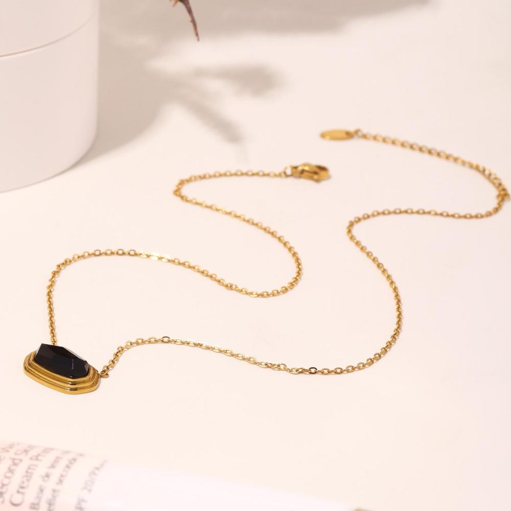 Collier Pendentif Élégant Pour Femme, En Acier Inoxydable Hexagonal, Couleur Or, Étanche, Avec Pierre Naturelle (1 Pièce) h5Image4
