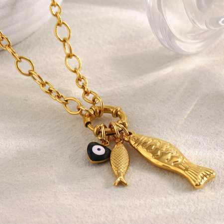 Collier pendentif femme en acier inoxydable doré, motif poisson d'été (1 pièce) 2