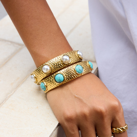 Bracelet manchette rétro rond en acier inoxydable étanche couleur or avec pierre naturelle (1 pièce)