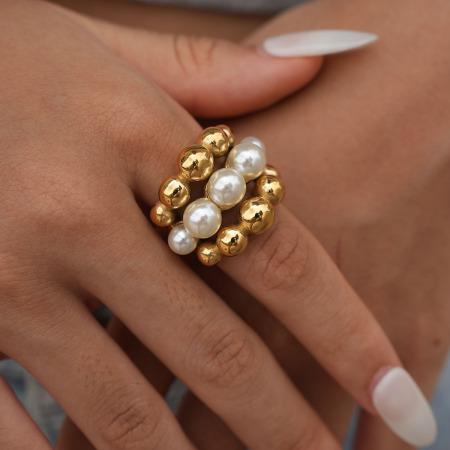 Bague tendance en acier inoxydable doré, imperméable, patchwork naturel, 1 pièce, collection Simple. 2