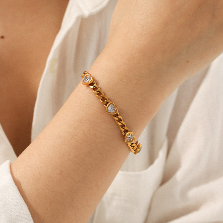 Bracelet à maillons pour femme, en acier inoxydable doré, orné d'un zircon et orné d'un cœur luxueux (1 pièce). 2