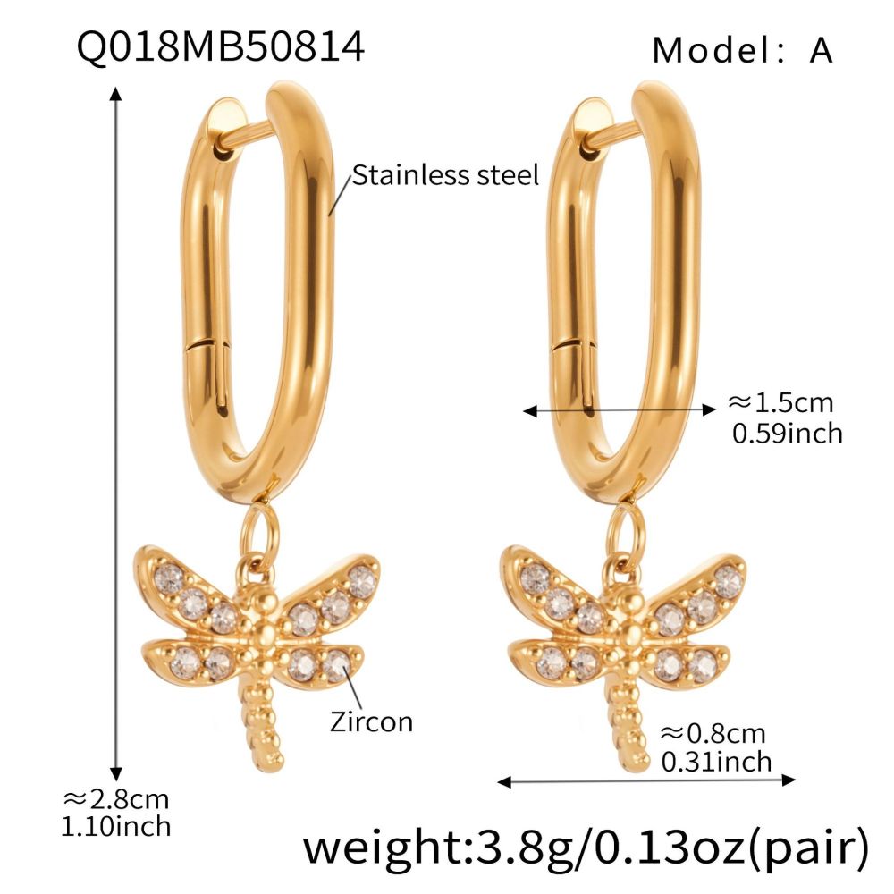 1 Paire De Boucles D'Oreilles Pendantes Pour Femme, En Acier Inoxydable Doré, Ornées De Zircon Et Représentant Une Libellule. Elles Sont Imperméables. 