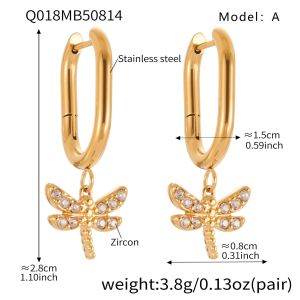 1 Paire De Boucles D'Oreilles Pendantes Pour Femme, En Acier Inoxydable Doré, Ornées De Zircon Et Représentant Une Libellule. Elles Sont Imperméables. h5 