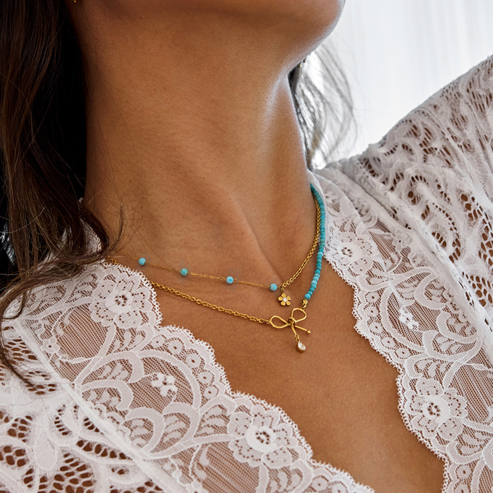 Collier À Plusieurs Rangs Pour Femme, Orné D'Un Nœud Papillon Élégant, En Acier Inoxydable Imperméable Et Couleur Or (1 Pièce) Image4