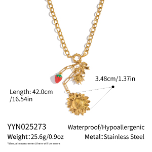 Ensemble Collier Et Collier Romantique En Acier Inoxydable Doré, Orné D'Une Fleur De Fraise. h5