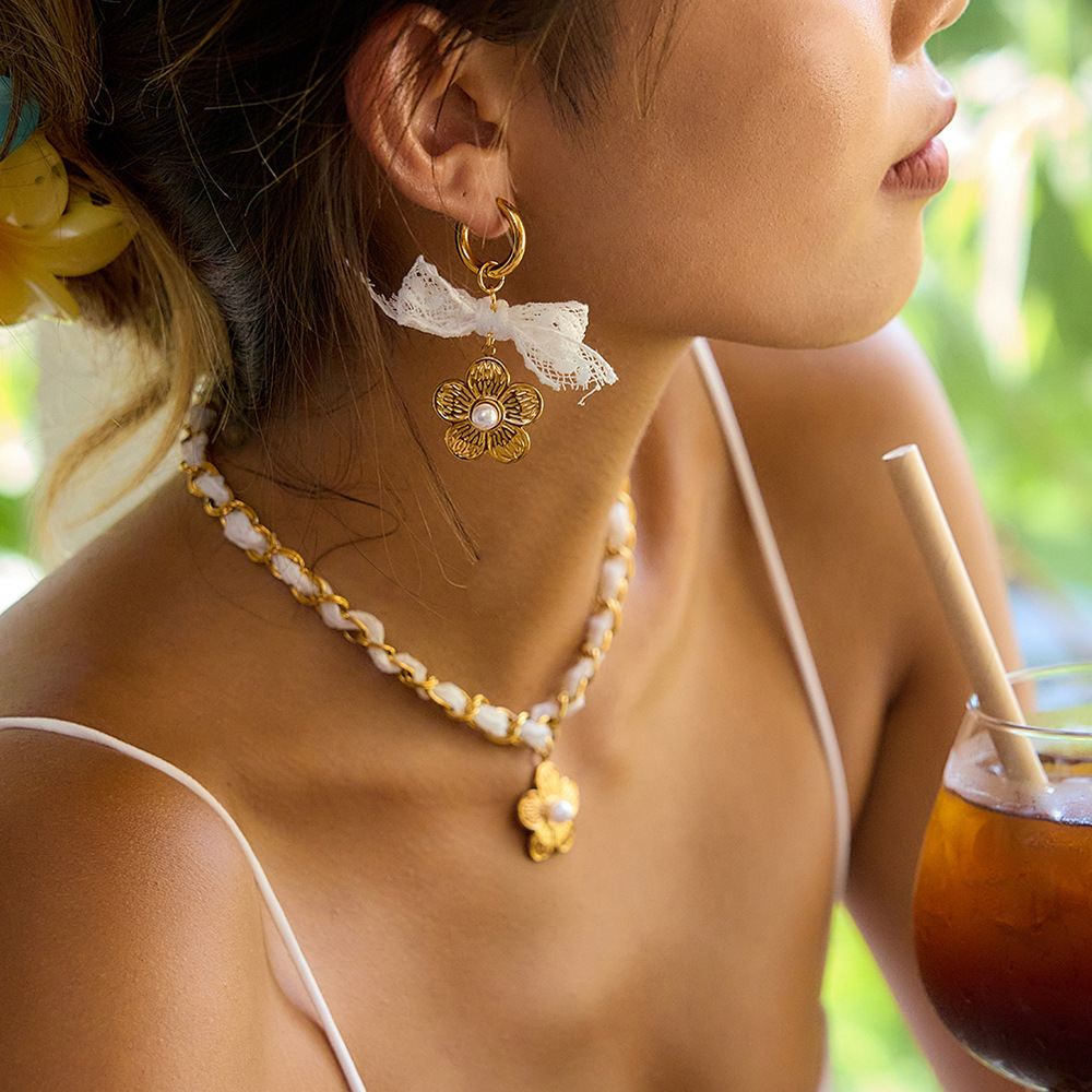 Ensembles De Bijoux Pour Femmes En Acier Inoxydable Imperméable, Couleur Or, Ornés De Dentelle Florale Romantique Image9