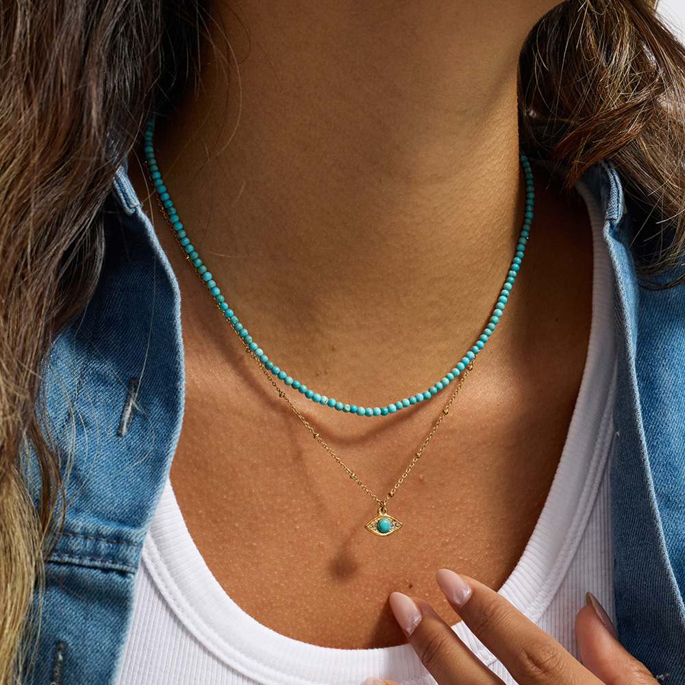 Collier À Plusieurs Rangs Pour Femme, En Acier Inoxydable, Couleur Or, Orné D'Un Délicat Œil De Diable En Calaïte. (1 Pièce) Image4