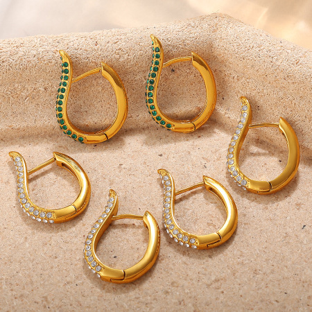 1 paire de boucles d'oreilles créoles en acier inoxydable étanche, couleur or, avec cristaux