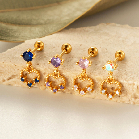 Boucle d'oreille piercing en forme de cœur en cuivre doré et zircon