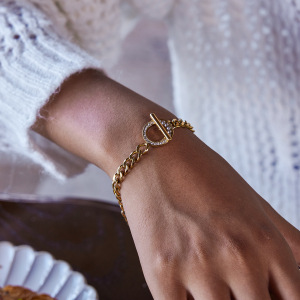 Bracelet Chaîne Ot Zircon De Luxe Pour Femme, 1 Pièce, En Acier Inoxydable Étanche, Couleur Or h5 Image4