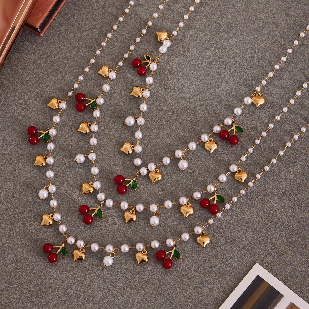 Ensembles De Bijoux Fantaisie Pour Femmes En Acier Inoxydable, Couleur Or, Motif Cœur Et Cerise Image5