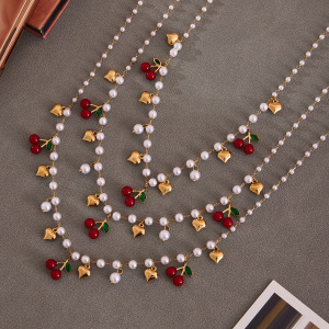 Ensembles De Bijoux Fantaisie Pour Femmes En Acier Inoxydable, Couleur Or, Motif Cœur Et Cerise h5 Image5
