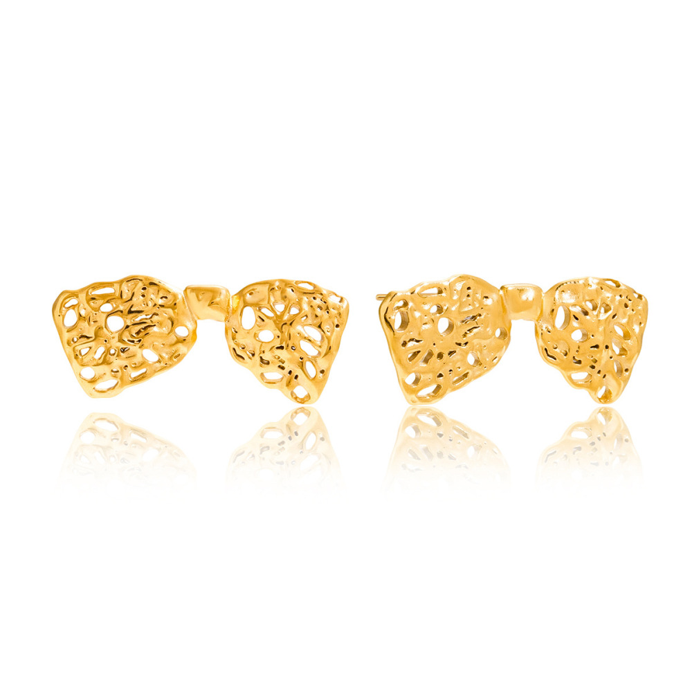 Boucles D'Oreilles Puces Pour Femme, En Acier Inoxydable Doré, Ajourées, Avec Nœud Papillon Romantique (1 Paire). 