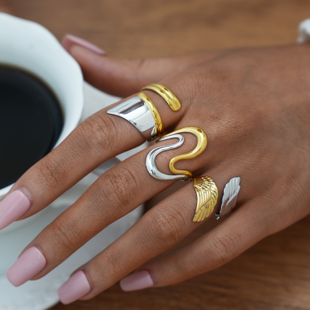 Bague femme rétro en acier inoxydable étanche, or et argent, style ailes (1 pièce). 2