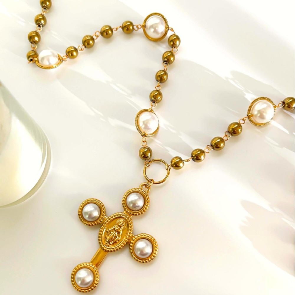 Collier De Perles Artificielles Couleur Or, 1 Pièce, Croix Image4