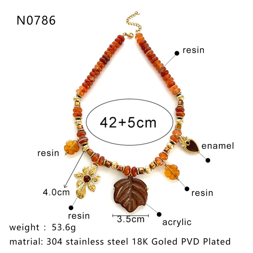Collier De Perles En Résine Couleur Or, 1 Pièce, Motif Fleur, Cœur, Feuille Image2
