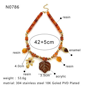 Collier De Perles En Résine Couleur Or, 1 Pièce, Motif Fleur, Cœur, Feuille h5 Image2