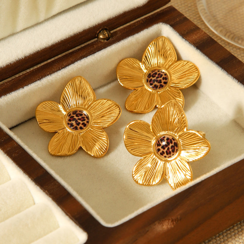 1 Paire De Boucles D'Oreilles Rétro À Motif Floral En Acier Inoxydable, Étanches, Couleur Léopard Doré Image5