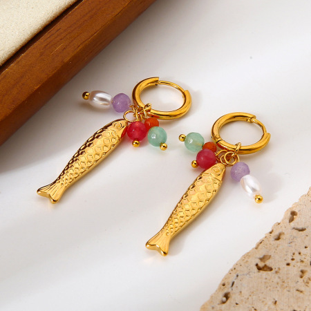 Boucles d'oreilles pendantes rétro en acier inoxydable doré, motif poisson, pour femme (1 paire).