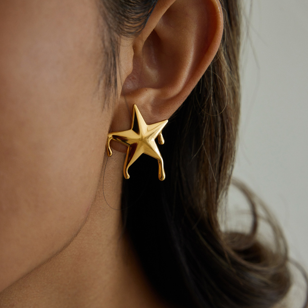 Boucles D'Oreilles Puces Pour Femme, En Acier Inoxydable Doré, Imperméables, Avec Motif Étoile (1 Paire). Image3