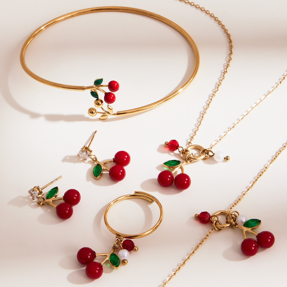 Ensembles De Bijoux Fantaisie Pour Femmes En Acier Inoxydable, Imperméables, Couleur Or Et Zircon, Avec Motif Cerise. Image4