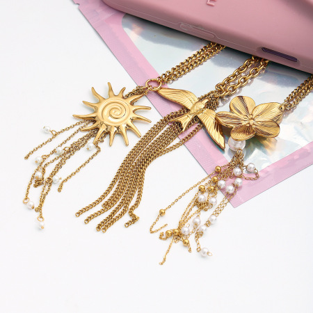 Collier long pour femme, collection romantique, avec pompon floral, en acier inoxydable étanche, couleur or. 2