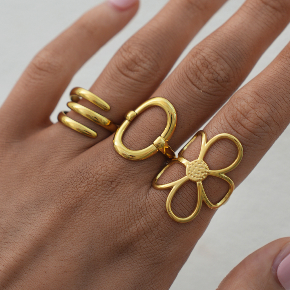Bague Femme Décontractée Rectangulaire À Motif Floral, En Acier Inoxydable Étanche Couleur Or (1 Pièce) Image6