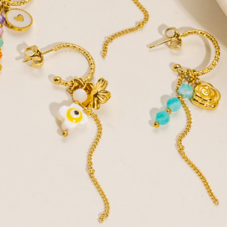 Boucles d'oreilles pendantes pour femme, en acier inoxydable, imperméables, avec pompons longs et cœur fleuri. 2