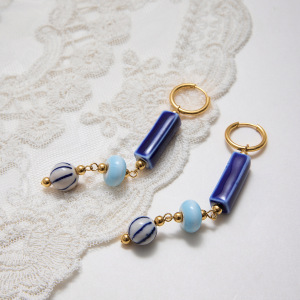 Boucles D'Oreilles À Perles Pour Femme, 1 Paire, En Céramique Bleue, Acier Inoxydable, Étanches, Couleur Or, Fabriquées À La Main. h5 Image4