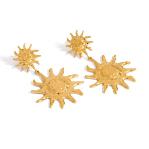 1 Paire De Boucles D'Oreilles Pendantes Rétro Soleil En Acier Inoxydable Étanche Couleur Or h5 Image5