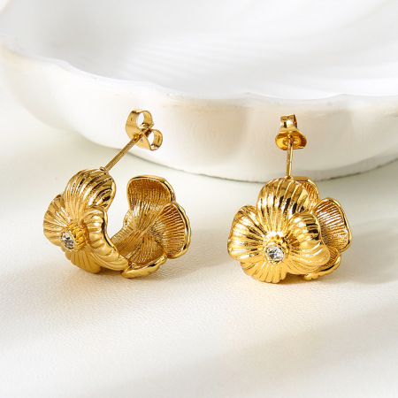 1 paire de boucles d'oreilles créoles élégantes en acier inoxydable imperméables à motif floral patchwork pour femme 2