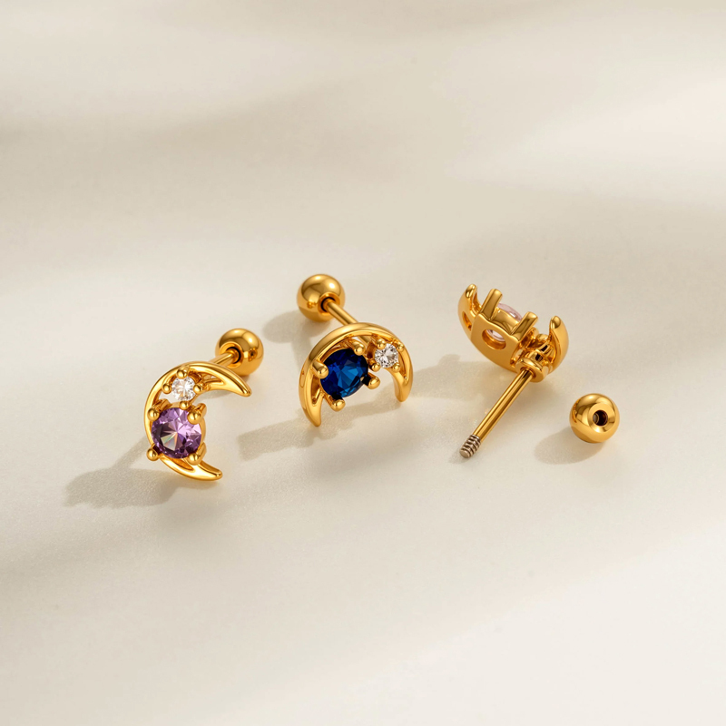 Boucle D'Oreille Piercing Lune Cuivre Or Zircon 1 Pièce Image3