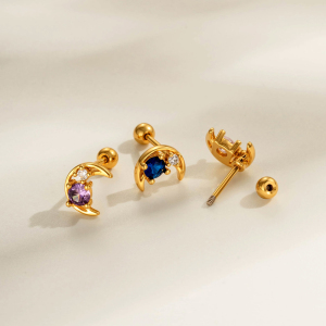 Boucle D'Oreille Piercing Lune Cuivre Or Zircon 1 Pièce h5 Image3