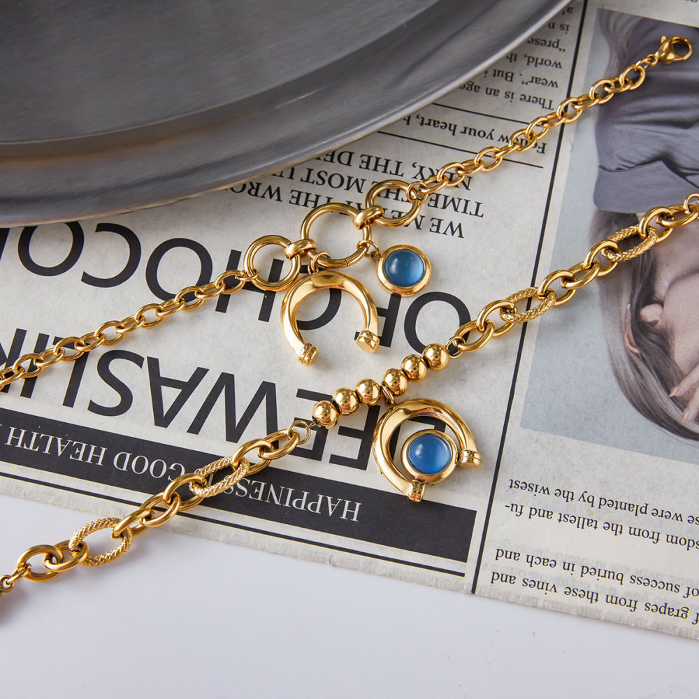 Bracelet À Breloques Pour Femme, 1 Pièce, Luxueux, Rond En Résine Bleue, Acier Inoxydable Étanche, Couleur Or Image4