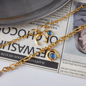 Bracelet À Breloques Pour Femme, 1 Pièce, Luxueux, Rond En Résine Bleue, Acier Inoxydable Étanche, Couleur Or h5 Image4