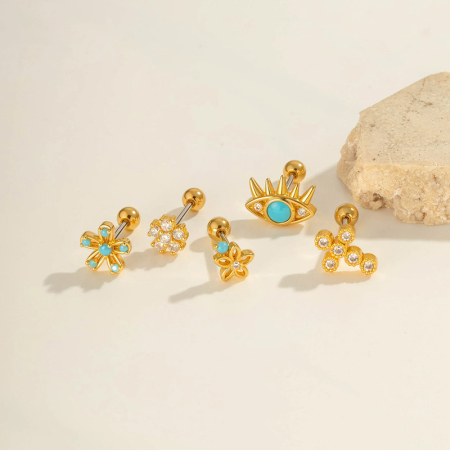 Boucle d'oreille piercing fleur cuivre or zircon 1 pièce