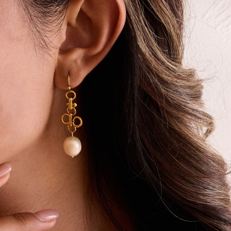 Boucles d'oreilles pendantes élégantes en acier inoxydable doré, imperméables, avec perles, pour femme (1 paire). 2